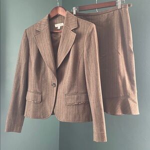 Amanda Smith tan Black and Red Herringbone Suit ruffled hem and lace details